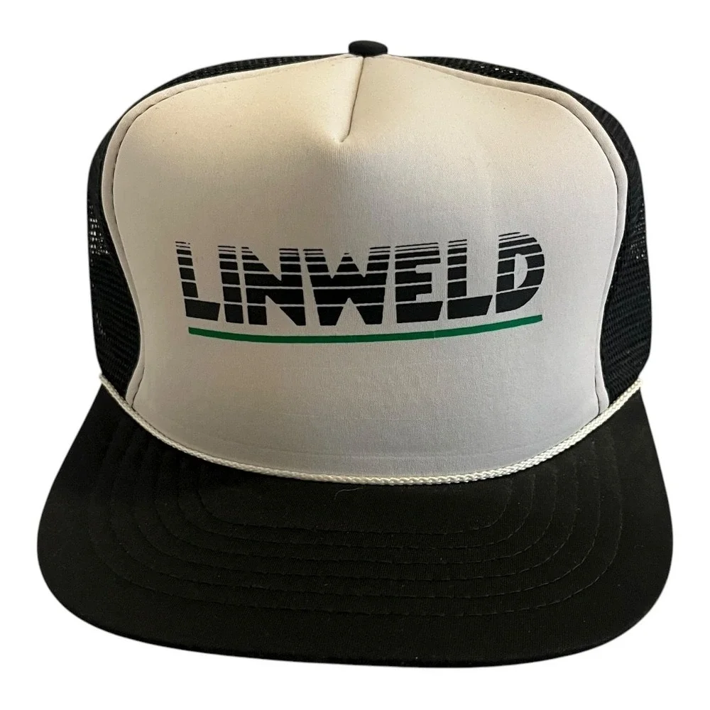 Vintage Linweld Foam Trucker Hat Black White Mesh Snapback Cap Made in USA